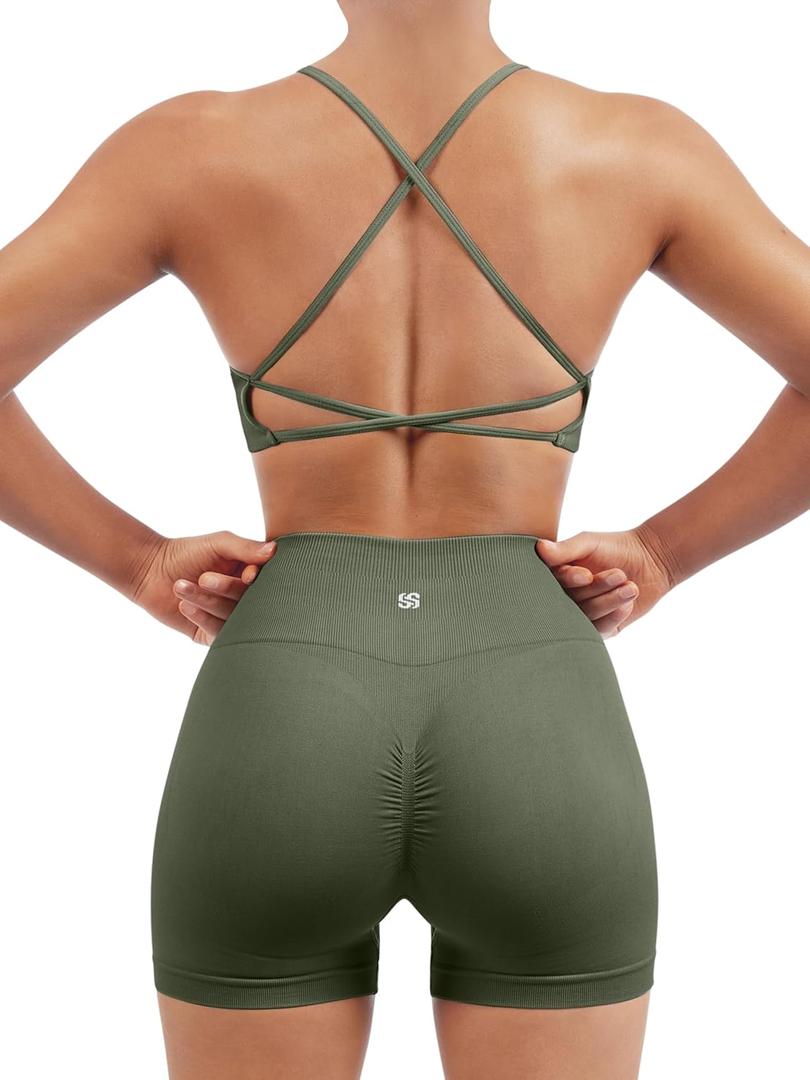 SUUKSESS Women Seamless Workout Sets Strappy Sports Bra High Waist Booty Shorts Outfits (2-4, #1 Army Green)