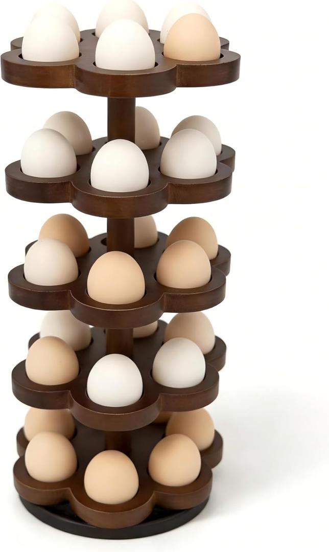 Wooden Egg Holder Countertop 360 Rotating, Egg Rack for 30 Eggs, Spiral Egg Storage Organizer for Kitchen Counter, Farmhouse Fresh Chicken Egg Dispenser for Home, Family ,easter egg (Brown)