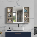 OKYSAI Defogging Mirror Cabinet, LED Mirror Door with Touch Switch, 35" L x 27.6" W, 6 Open Shelves, Multifunctional Storage Cabinet, Wall Mounted Aluminum Frame Lighting, Bathroom,Toilets(Khaki)
