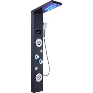 ELLO&ALLO LED Rainfall Waterfall Shower Head Rain Massage System with Body Jets Stainless Steel Bathroom Shower Panel Tower System, Brushed Black