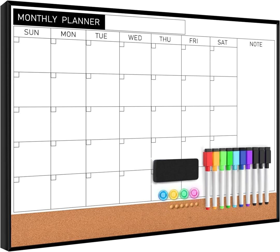 Dry Erase Calendar Cork Board Combo, 18 x 24 Inches Monthly Calendar Whiteboard for Wall, Magnetic White Board with Aluminium Alloy Frame, Hanging Dry Erase Board for Planner Office Kitchen Home Memo
