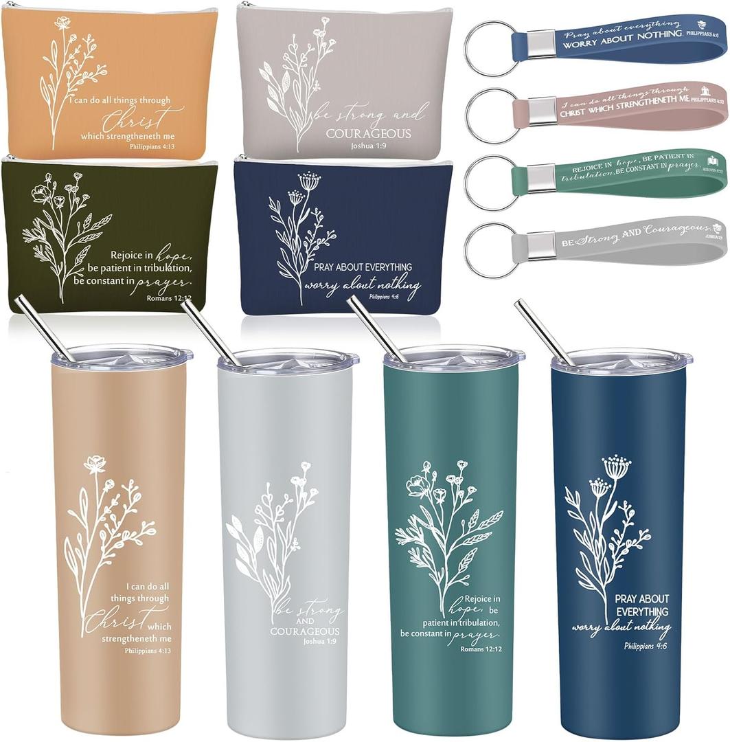 Fumete 4 Sets Christian Gifts for Women 20oz Bible Verse Tumbler Religious Makeup Cosmetic Bags Christian Silicone Keychains Inspirational Christmas Gifts for Church Men