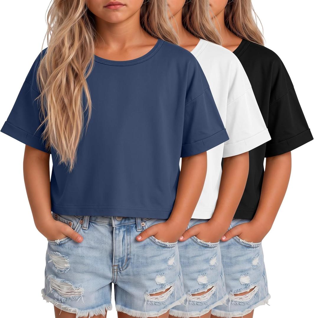 3 Pack Girl's Crop Tops Oversized Short Sleeve T-Shirts Loose Crewneck Workout Shirts Casual Boxy Rolled Sleeve Tees (White, M  11-12Y)