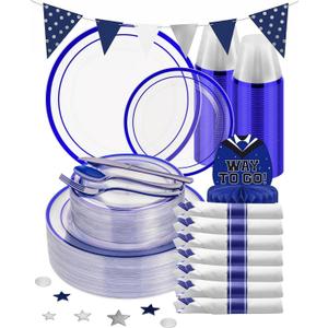 Goodluck 350 Pieces Blue Plastic Plates, Clear Plastic Silverware Disposable Plates Set, Include 100 Plates, 50 Pack Pre Rolled Napkins with Silverware, 50 Cups for Party, Wedding, Graduation