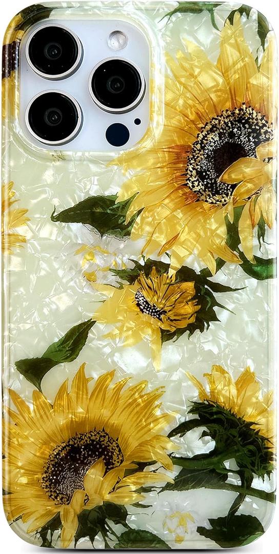 Qokey for iPhone 14 Pro Max Case 6.7 inch,Flower Design for Girl Women Cute Shell Pattern Sparkle Crystal Clear Soft Fit Lightweight TPU Anti-Scratch Phone Cover,Sunflowers (Yellow)
