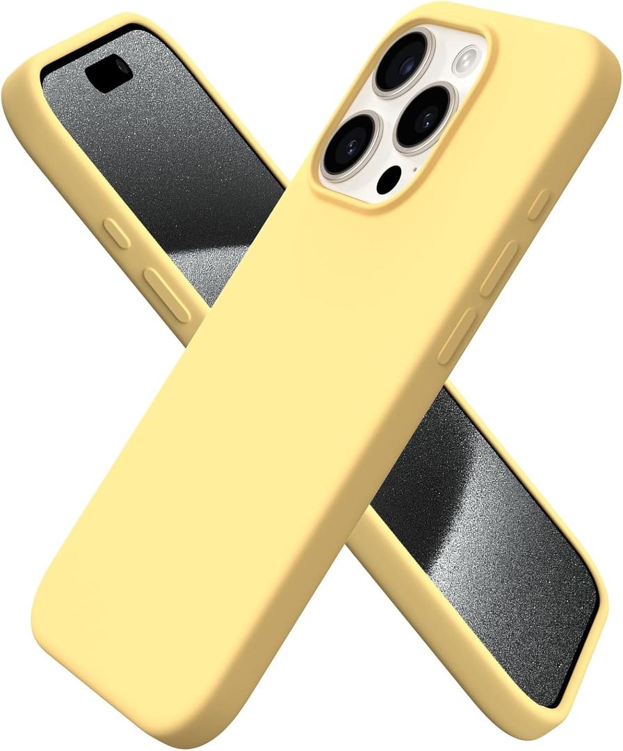 ORNARTO Compatible with iPhone 15 Pro Case 6.1", Liquid Silicone 3 Layers Full Covered Soft Gel Rubber Cover, Shockproof Protective Slim Phone Case with Anti-Scratch Microfiber Lining-Cream Yellow