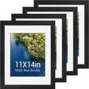 11x14 Picture Frame Set - 4 Pack, Black Solid Wood Photo Frames - Tempered Glass - Displays Photos 8x10 with Mat or 11 x 14 without - Room, Office, Gallery, Studio, and Hallway Decor - Wall Hanging