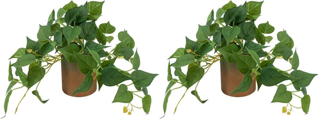 Artificial Potted Plants Life-Like Fake Plant with Farmhouse-Style Cement Planter Featuring Light Wood Tone for Room Bathroom Bedroom Kitchen Office Desk Coffee (2PCS Pothos 10inch)