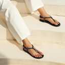 Rihero Rope Thong Sandals for Women Ankle Strap Slip On Comfortable Beach Flat Sandals (Black)