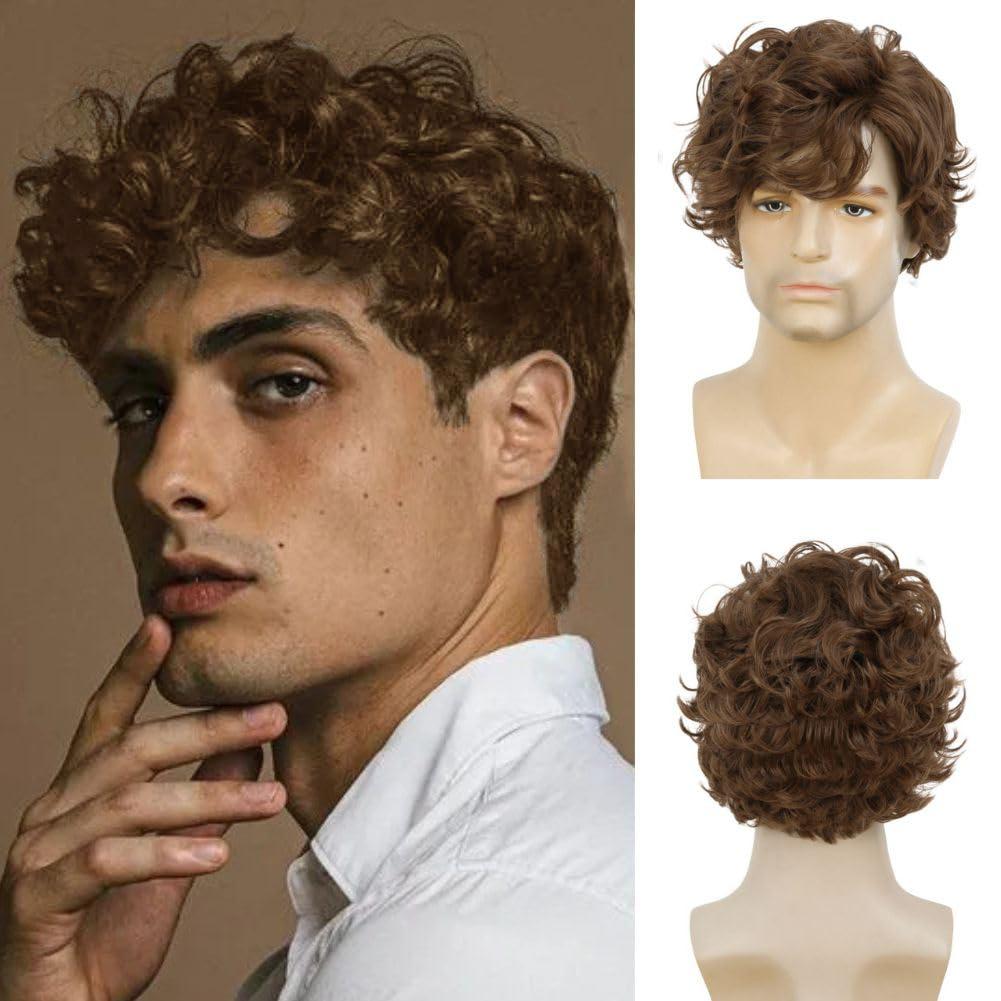 Mens Short Curly Brown Wig Synthetic Heat Resistance Fiber Costume Replacement Wigs for Male Guy, Medium cap size(22.5 inch)