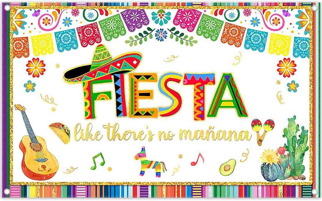 Fabric 72x43inch Mexican Fiesta Backdrop Cinco De Mayo Carnival Papel Picado Guitar Colorful Serape Blanket Photography Background Party Decorations Photo Banner