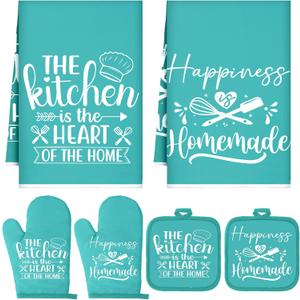 Sratte 6 Pcs Kitchen Decor Accessories Set Farmhouse Towels Pot Holders Oven Mitts Set 2 Dish Towels 2 Potholders 2 Cooking Mittens Oven Glove for Christmas Baking Cooking Supply(Light Teal,Kitchen)