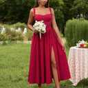 KUTUMAI Floral Corset Midi Dress Flowy Slit Summer Spring Wedding Guest Dresses for Women Sundress with Pockets ( M)