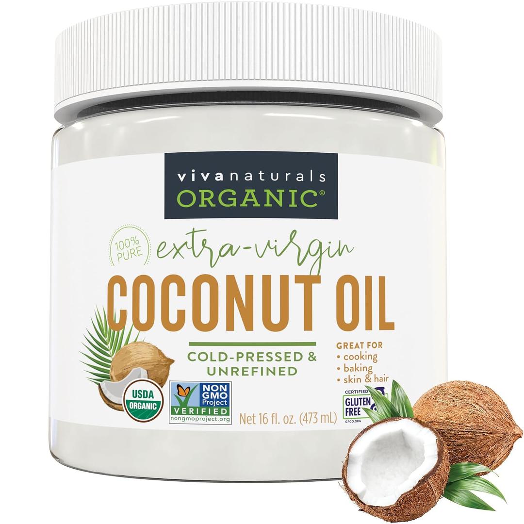 Viva Naturals Organic Coconut Oil, 16 fl oz Unrefined, Cold-Pressed Extra Virgin Coconut Oil, USDA Organic & Non-GMO, Natural Cooking Oil, Hair Oil & Skin Oil (EXP 02/19/27)