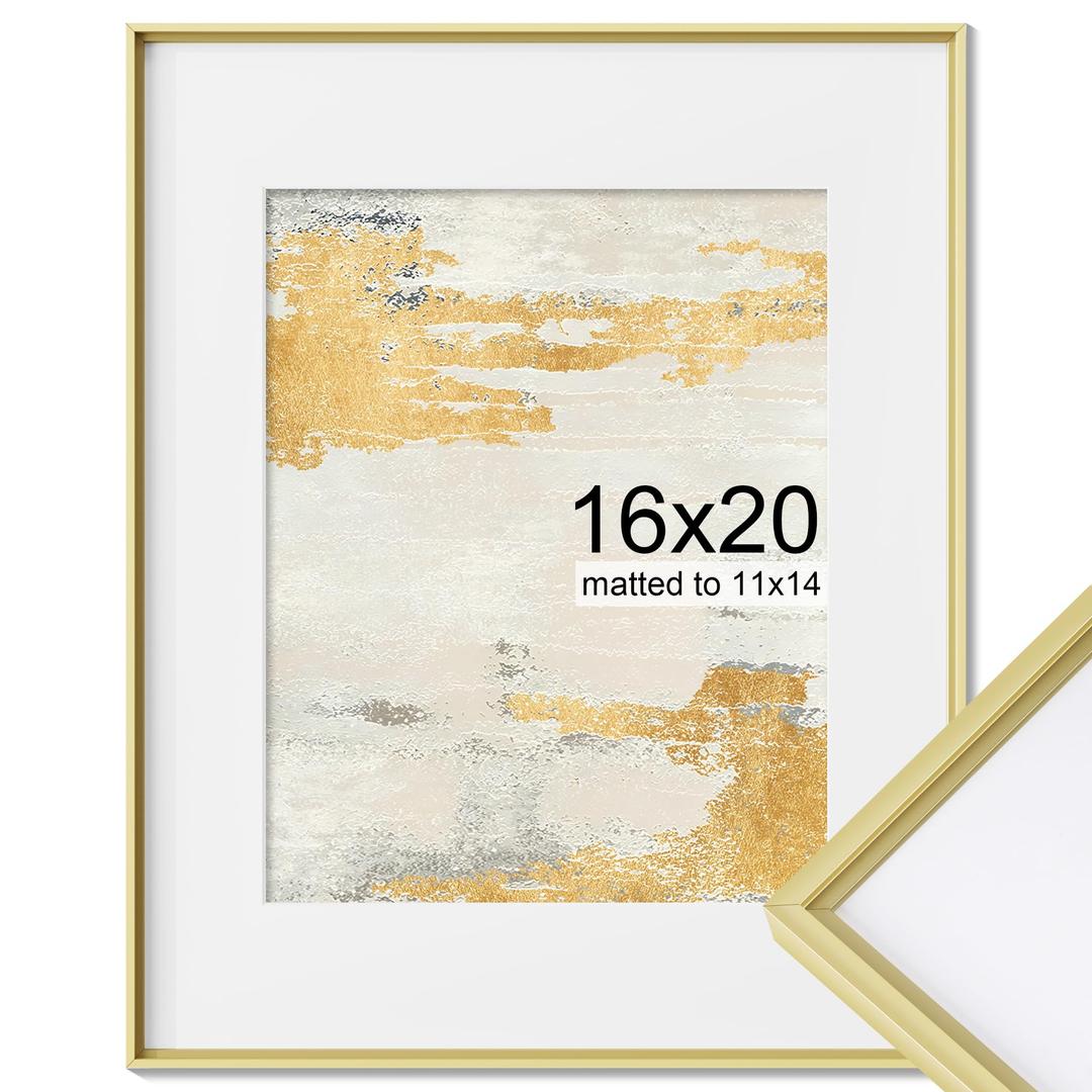 16x16 Metal Picture Frame, 16 x 16 Square Premium Aluminum Photo Frames with 12x12 Removable Mat, Tempered Glass, Vertical and Horizontal Display, Wall Hook Hanging Hardware Included, Gold, 1 Pack