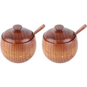 Hapivida 2Pcs Wood Spice Box, Salt Cellar with Lid and Spoon Salt Box Spice Jar Sugar Bowl Pepper Seasoning Container Holder