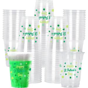 St. Patrick's Day Celebration Pack - 60 Pcs 12oz Irish Themed Plastic Cups with Lucky Shamrock Design, Disposable for Easy Clean-Up, Ideal for Party Supplies & Favors,Irish Party Decorations