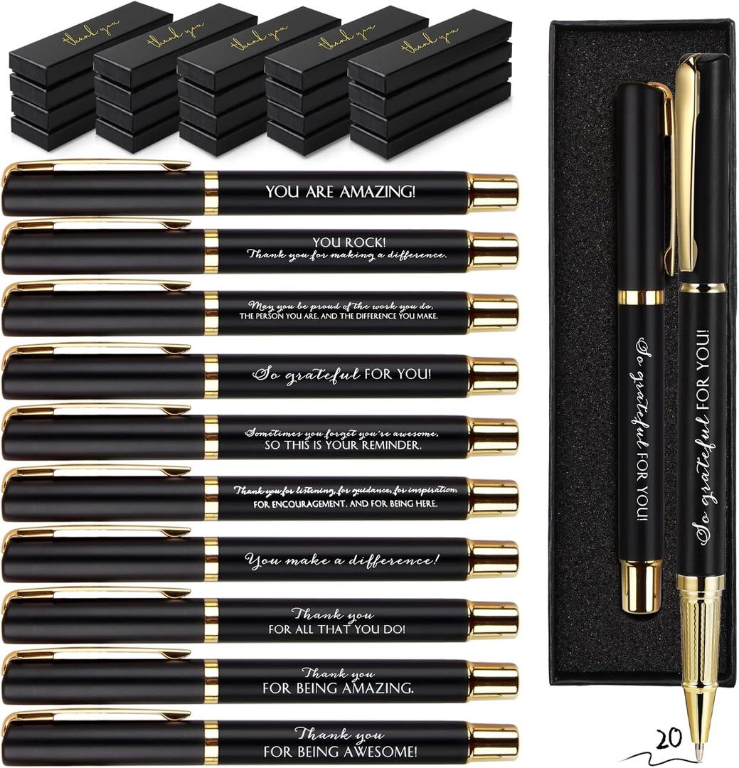 PerKoop Thank You Gifts Inspirational Ballpoint Pen with Box Employee Appreciation Gift Pen Bulk for Volunteer Police Corrections Officer Teacher Nurse Office Staff(20 Sets,Black,Thank You)