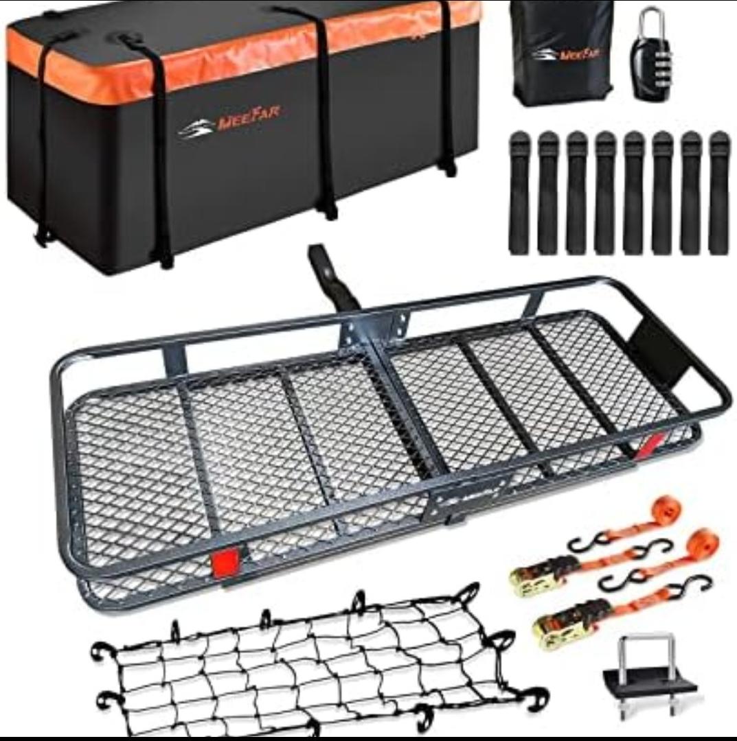 Hitch Mount Cargo Carrier Basket 60"*20"*6"+Waterproof Bag 16 Cubic Feet(58"*19"*24"),and Cargo Net with Attachment Hooks,Ratchet Straps,Hitch Stabilizer.500 Lbs Capacity,Foldable,fit 2" Receiver