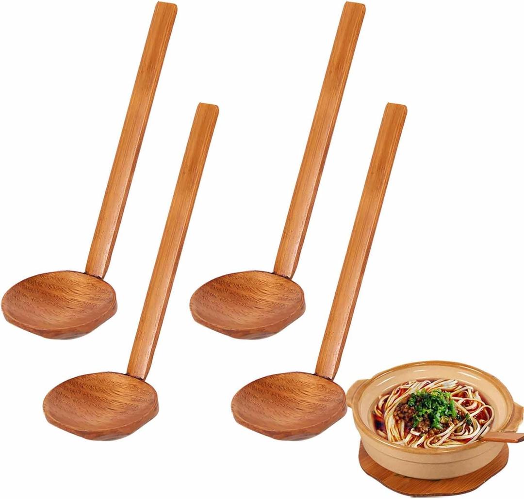 4 PCS Japanese Soup Spoon Wooden Ramen Spoons with Long Handle, Tortoise Pot Spoon for Porridge Restaurant, Household, Eating Mixing Stirring Cooking (22 Solid)