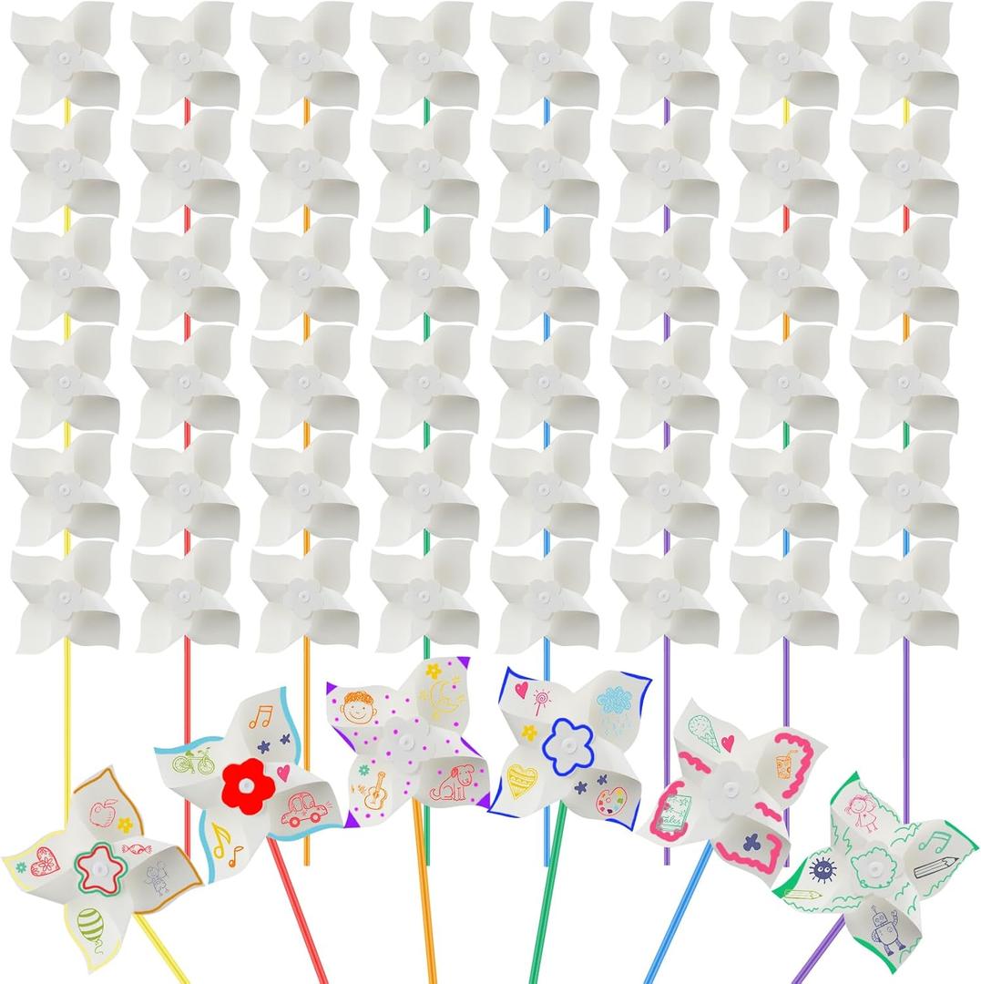 Poen 100 Pcs DIY Pinwheels Paper Craft for Kids Bulk Color Your Own White Pinwheels Summer Activity Arts July 4 Patriotic Memorial Day Craft for Kids Boys Girls Blank Windmills Party Favor, 5 Inches