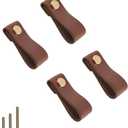 Yusheng 4 Pack Soft Genuine Leather Drawer Pulls Handle,Wardrobe Cabinets Kitchen Closet Knobs Door Pulls Handles knobs with Screws,Home Decoration, Handmade (4 Pack, 2.6" Single Hole - Brown)