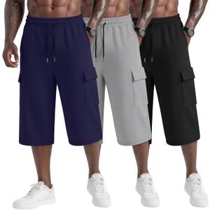 Neer 3 Pack Men's Capri Cargo Pants Big and Tall Baggy 3/4 Shorts Drawstring Below Knee Pants Summer Casual with Pockets (Blue, XXXL)