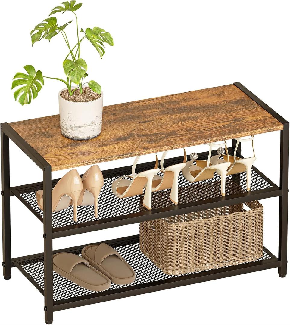 Shoe Rack, 3-Tier Shoe Shelf with Dense Metal Mesh, Durable Industrial Freestanding Shoe Rack for Front Door Entrance, Hallway, Entryway, Living Room, Bathroom (25"Wx11.02"Dx15.75"H Rustic)