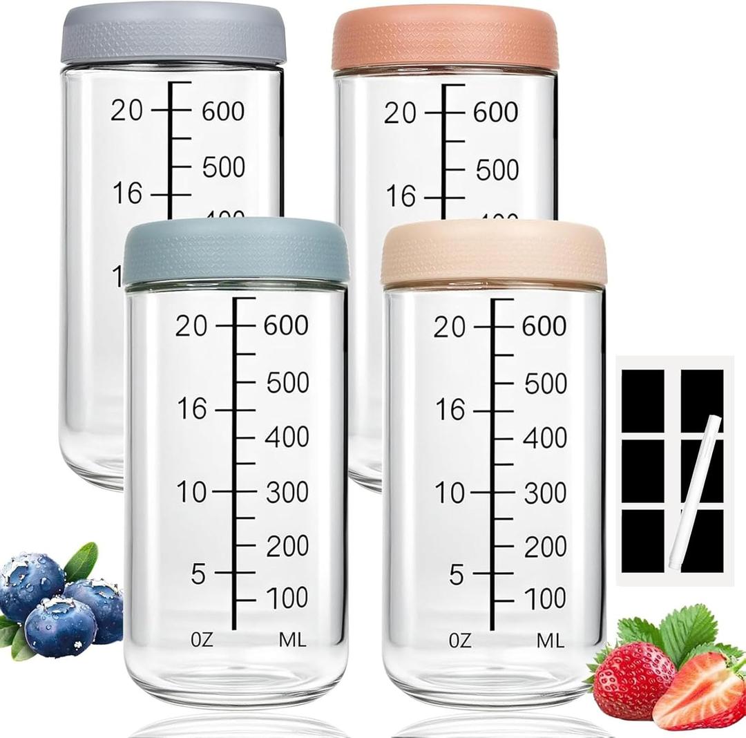 4-pack 25oz Glass jars with Airtight Lids & Label, Overnight Oats Jars Containers with 750ml Scale, Wide Mouth Mason Salad Jars, Glass Food Storage Containers for Snacks Yogurt Spice Sugar