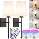 Slim Wall light Fixture Battery Operated Wall Sconce Set Of Two White Fabric Shade Wall Sconce with Remote Control, Indoor Not Hardwired Dimmable Battery Powered Wall Lamp For Bedroom, Bulb Included ( (Black)