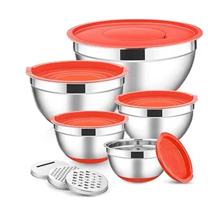 E-far Stainless Steel Mixing Bowls with Lids Set, 5-Piece Nesting Salad Bowls with 3 Grater Attachments and Non-Slip Bottoms, Size 4.6, 2.6, 2, 1.5, 1QT for Kitchen (Red)