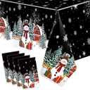 4 Pcs Christmas Disposable Tablecloth 108 x 54 Inch Black Christmas Plastic Tablecloth Rectangle Snowman Table Cloth Tablecover Waterproof Table Cover for Holiday Party Decorations(Black)