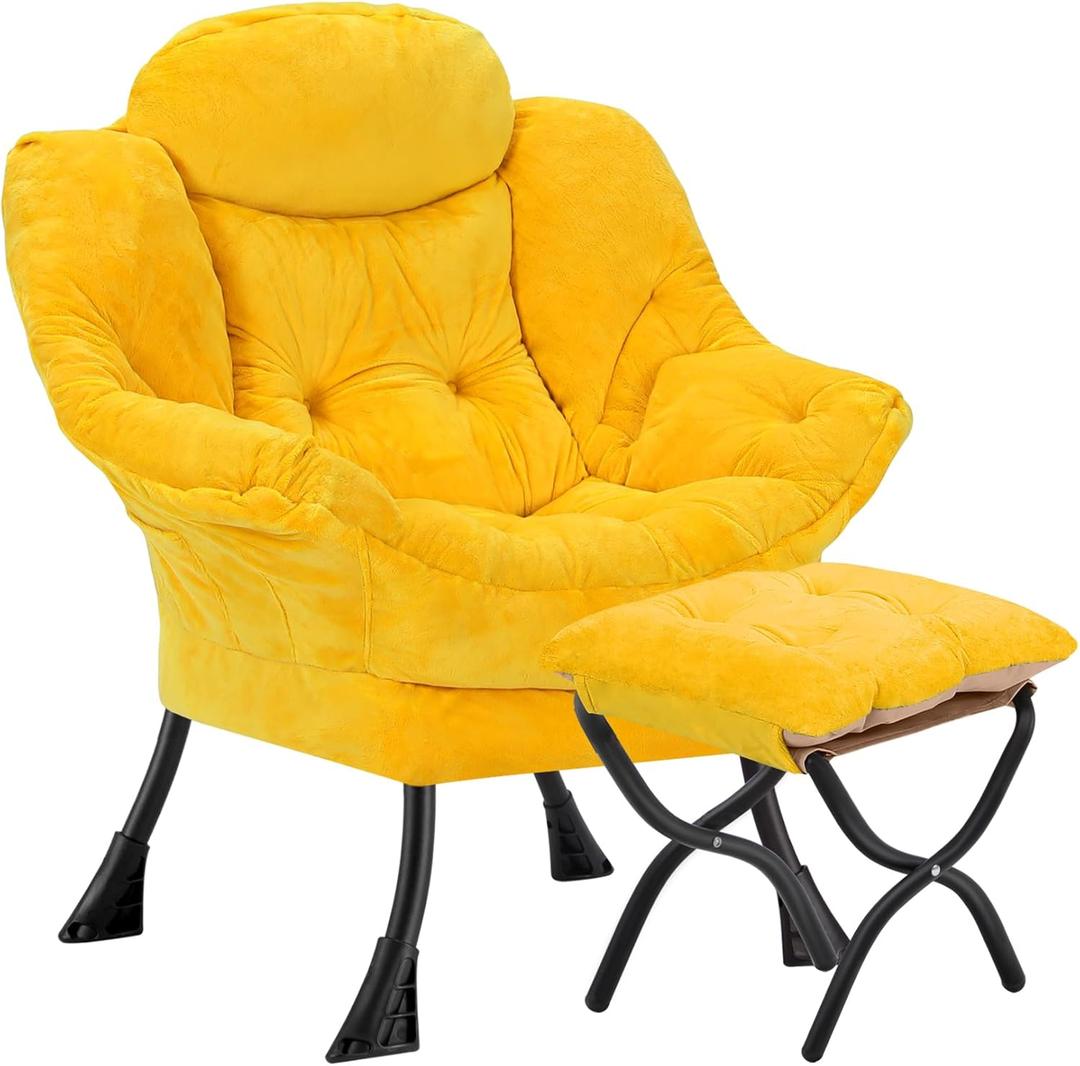 Lazy Chair with Folding Ottoman,Leisure Sofa Chair,Soft Fabric Armchair with Armrests and Side Pockets, Reading Chair with Footrest for Living Room, Bedroom, Office (Plush Yellow)