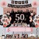 50th Birthday Decorations for Women, 33pcs 50th Birthday Crown and Sash, Black Rose Gold Happy 50th Birthday Banner Balloons Backdrop Hanging Swirls Paper Fans, 50 Years Old Birthday Decorations Kit