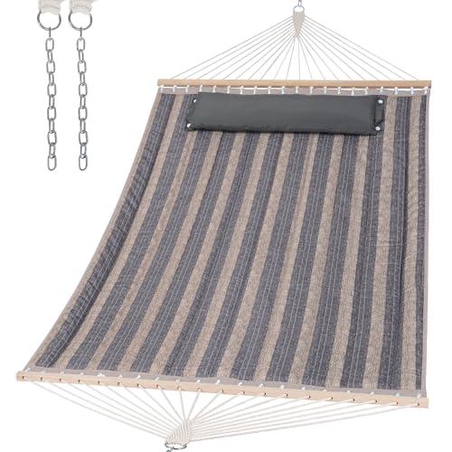SUNCREAT Double Quilted Hammock with Hardwood Spreader Bar, Extra Large Soft Pillow, Heavy Duty 2 Person Hammock for Indoor, Outdoor, Gray Stripes