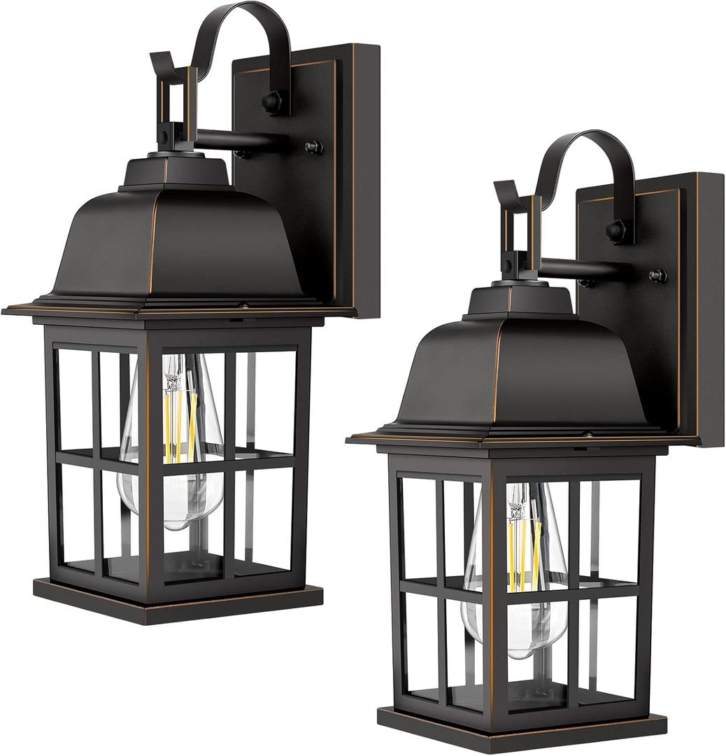 2-Pack Outdoor Wall Sconces, 100% Aluminium Oil-Rubbed Bronze Exterior Light Fixtures Wall Mount, Waterproof &Anti-Rust Outside Wall Lanterns Porch Lights for House Garage Doorway, Bulbs Not Included