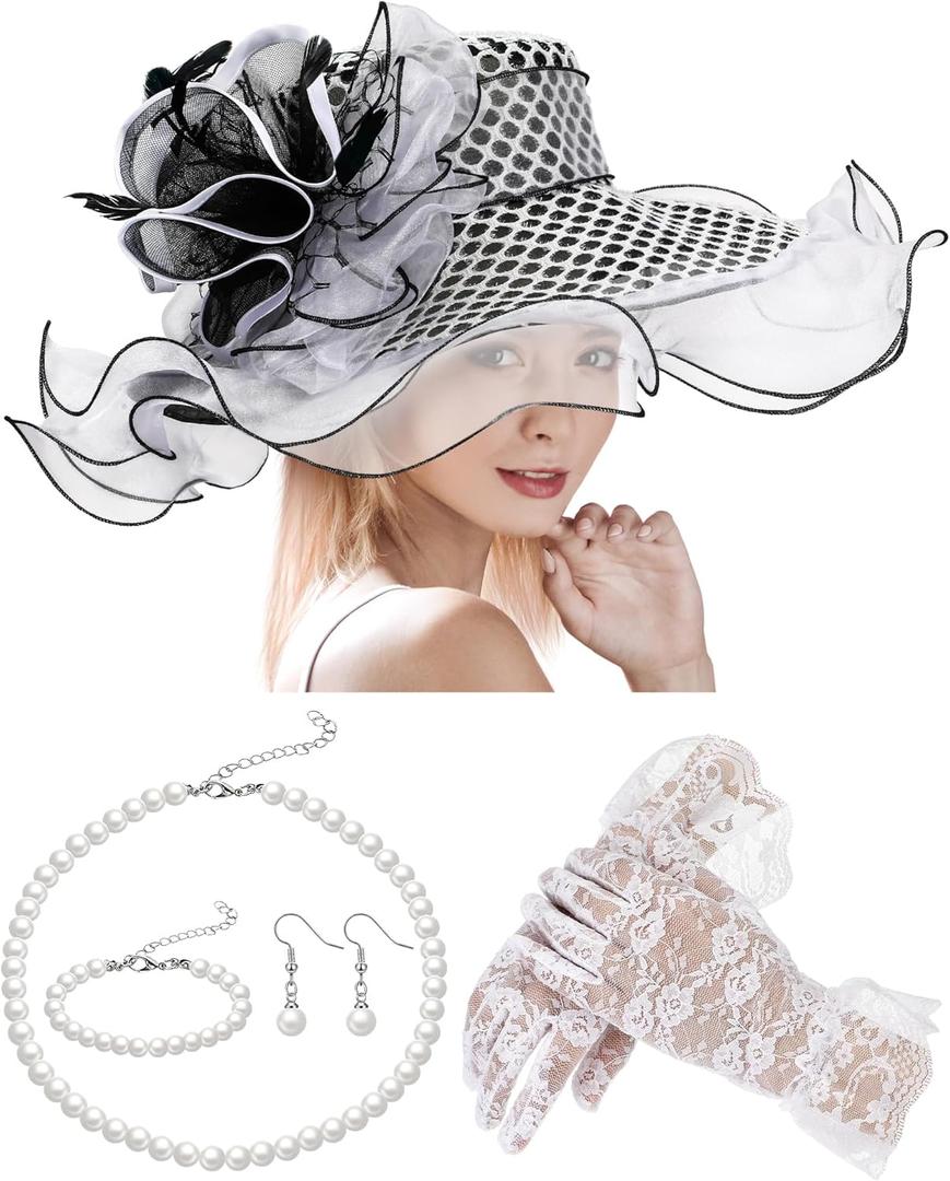 2025 Church Hat for Women Wide Brim Sun Hat Organza Feather Fascinator for Tea Party Wedding Derby (White)