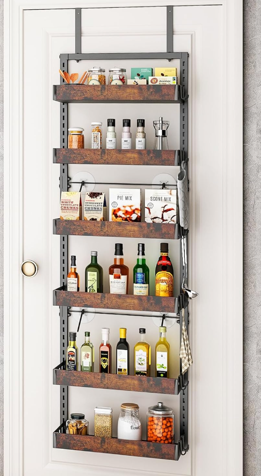 bukfen Over the Door Pantry Organizer, 6-Tier Adjustable Wooden Basket Kitchen Pantry Door Organization and Storage, Heavy-Duty Metal Hanging Kitchen Spice Rack,D6.3 x W17.71 x H50.60 inch,1 Pack (Black pole wood color)