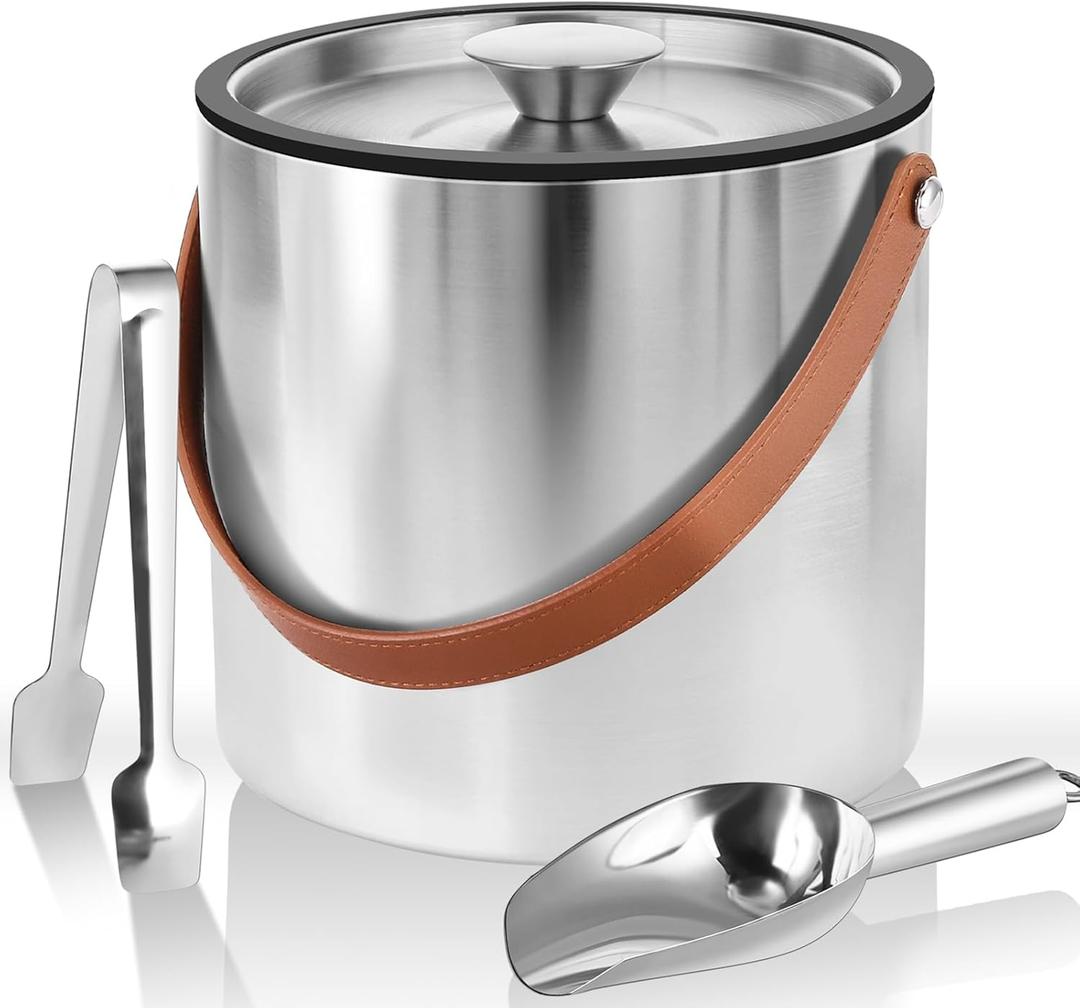 Bakpoco Double-Wall Vacuum Insulated Ice with Lid, Scoop, Ice Tong, Strainer & Leather Handle Keep Ice Frozen Longer Large Ice Buckets for Cocktail Bar,Parties Chilling Beer Champagne 3L (Silver Classic Tan Handle)