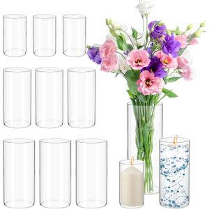 9 Pack Glass Cylinder Vase 6,8,10 Inch Tall Clear Vases for Wedding Centerpieces, 3 Diameters Hurricane Floating Candle Holder Wedding Decorations, Flower Glass Vases for Party Dinners Home Decor