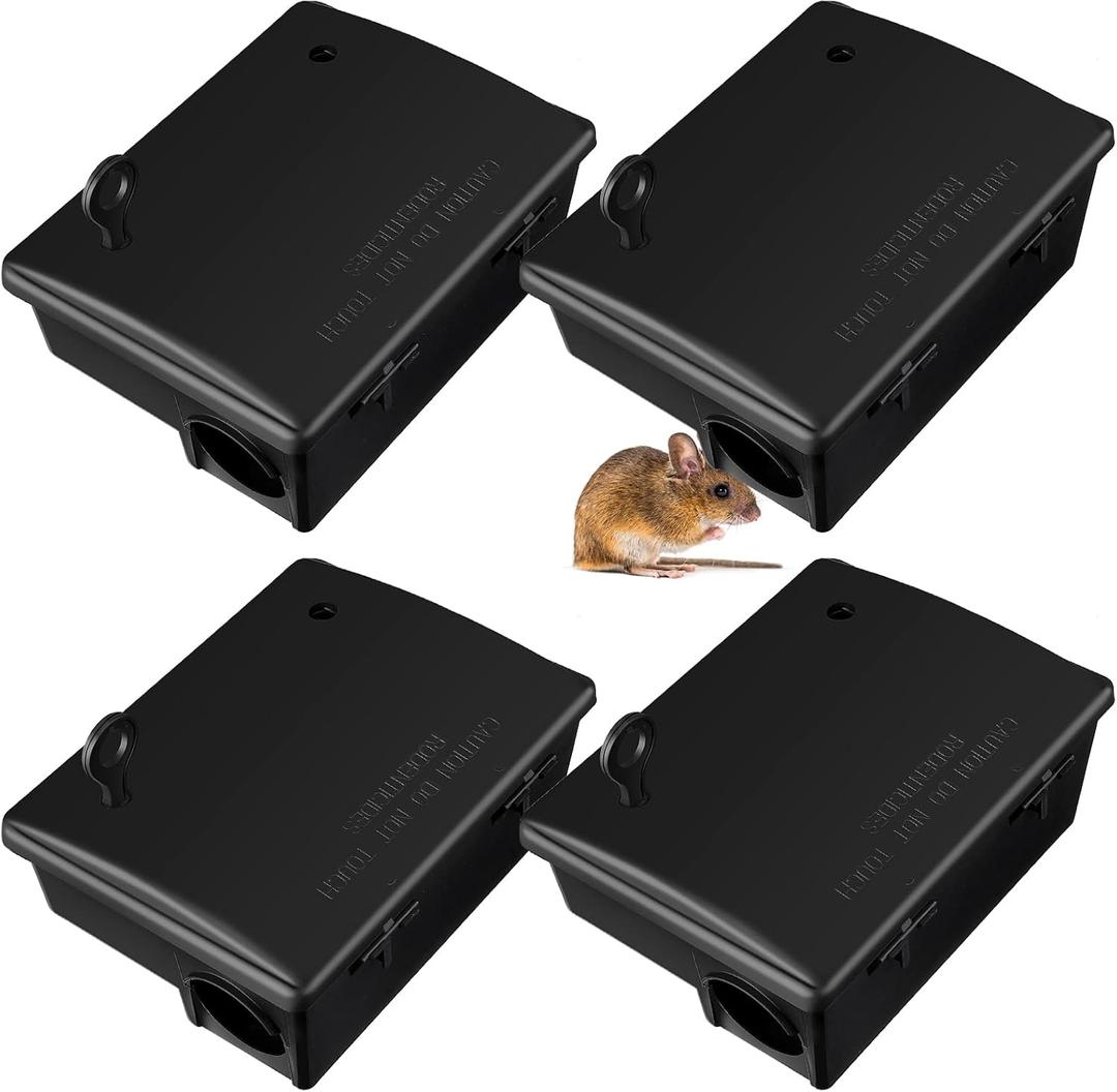 Qualirey 4 Pack Rat Bait Stations Large Rodent with Key Reusable Mouse Stations Mice Blocks Heavy Duty Boxes for Outdoor Rodents Mice Blocks, Bait Not Included, Black (9.8 x 7.5 x 3.9 Inches) (Classic)