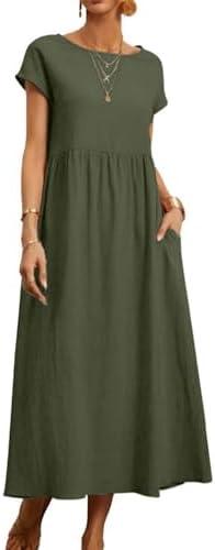 Larmliss Baggy Crew Neck Dress for Women Summer Casual Comfy Cotton Short Sleeve Tunic Beach Maxi Dresses with Pockets, 2XL
