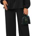 PRETTYGARDEN Womens 2025 Two Piece Outfits Tie Front Long Sleeve Top Wide Leg Pant Lounge Sets Cute Matching Loungewear (L, Black)