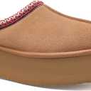 Women's Platform Fuzzy Cozy Slippers Genuine Suede Water Resistant Winter Platform Mini Boots with Memory Foam and Faux Fur Lining Comfy Fuzzy Clogs (7.5, Brown)