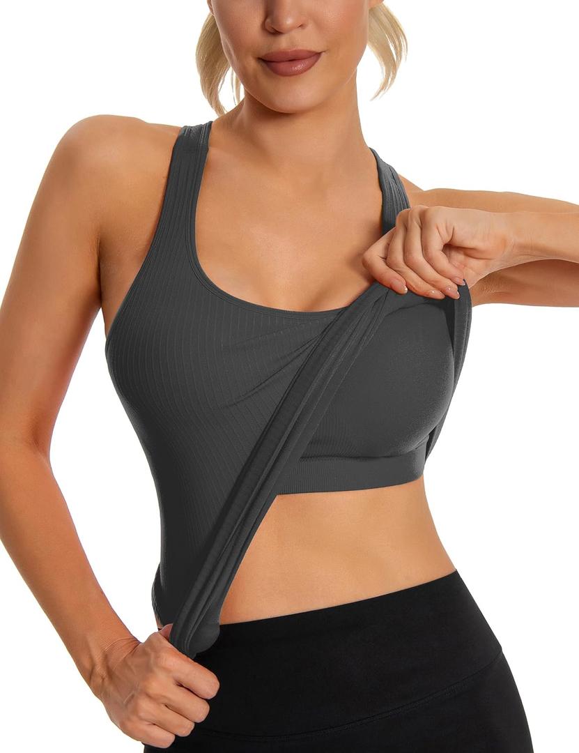 MathCat Seamless Workout Tank Top for Women with Built in Bra, Padded Racerback Ribbed Athletic Yoga Camisole (Large, Carbongrey)