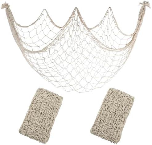 2 Pack Fish Net Decorations - 80x40 Inch Beige Fishing Net Decor for Under The Sea Hawaiian Beach Themed Party, 3mm Natural Cotton Versatile Nautical Netting for Wall Table Ceiling Halloween Decor