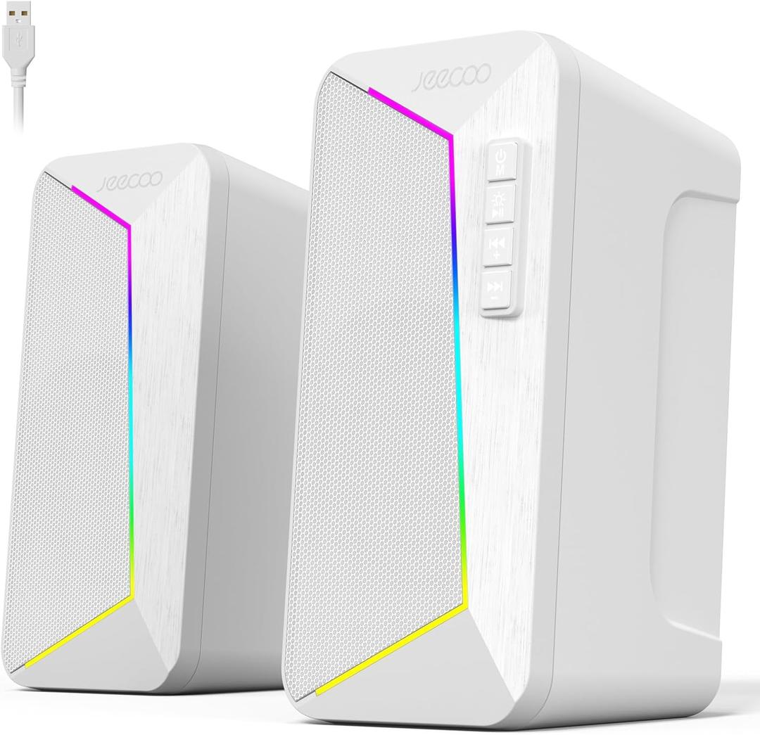 Jeecoo M30 Bluetooth Computer Speakers, PC Gaming Speakers for Desktop with Crisp Stereo Sound, Dynamic LED Modes, Easy-Access Control, 10W - USB-Powered, White