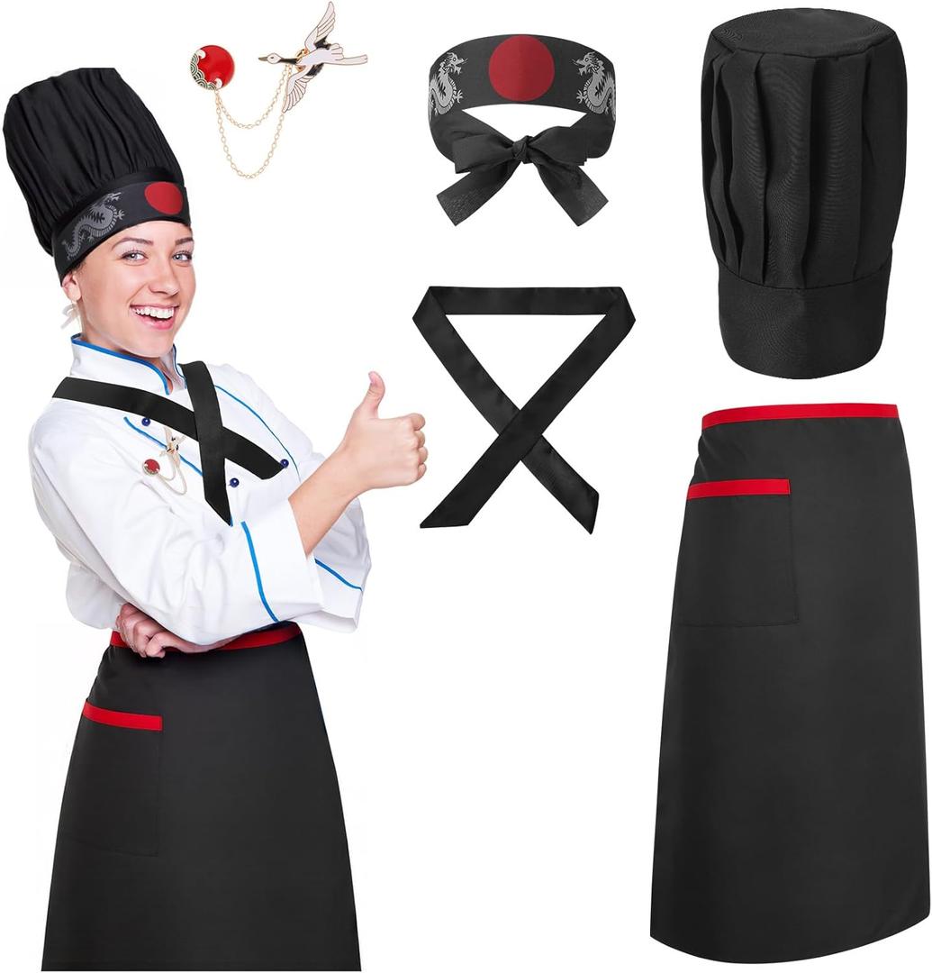 Hibachi Chef Hat and Apron Costume Set, Professional Complete Japanese Teppanyaki Costume with Tall Chef Hat (70 x 70 cm)