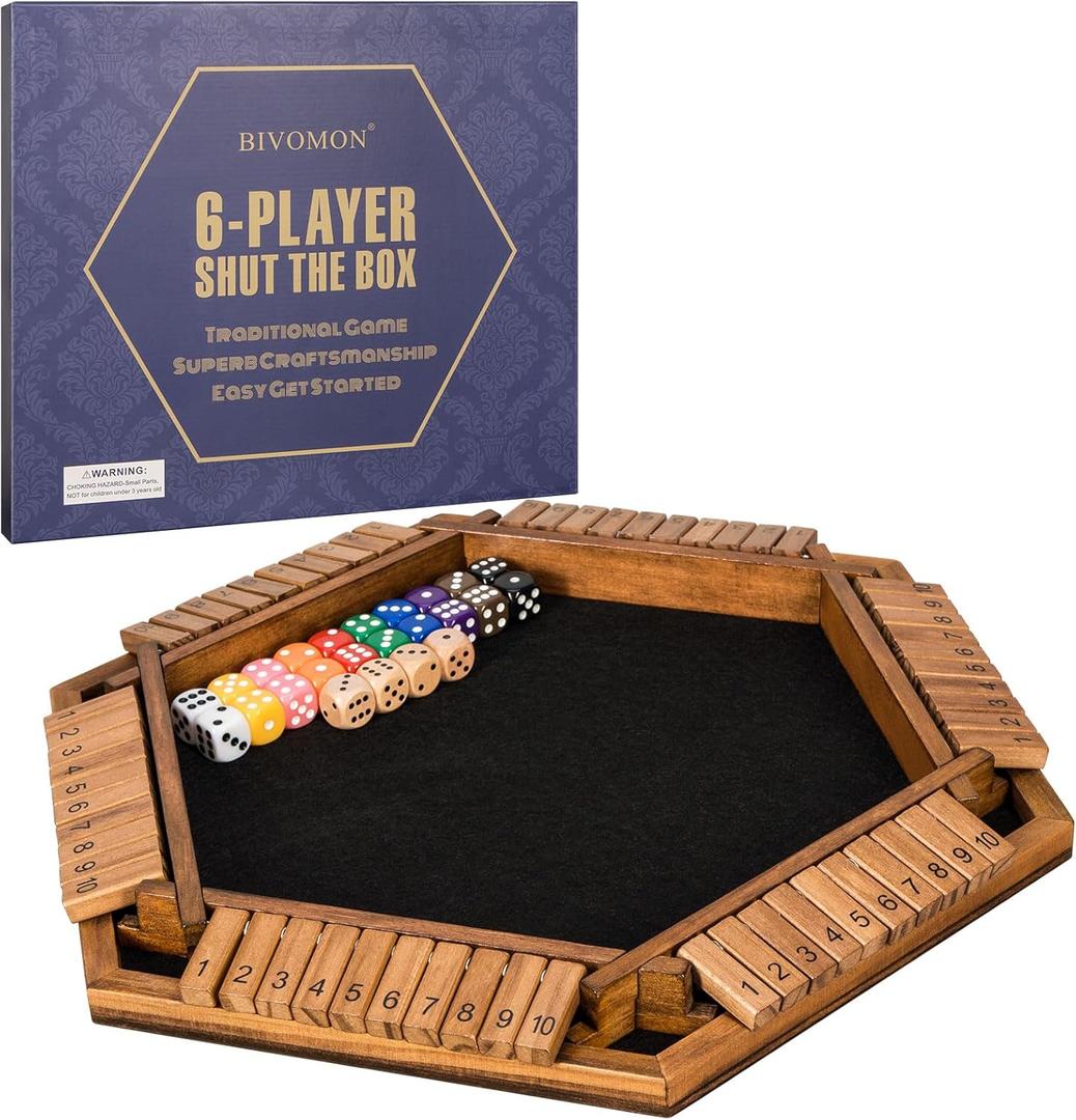 1-6 Players Shut The Box Dice Game, Wooden Board Table Math Game for Kids Adult with 24 Dice, Close The Box Game for Family, Party, Christmas, Birthday