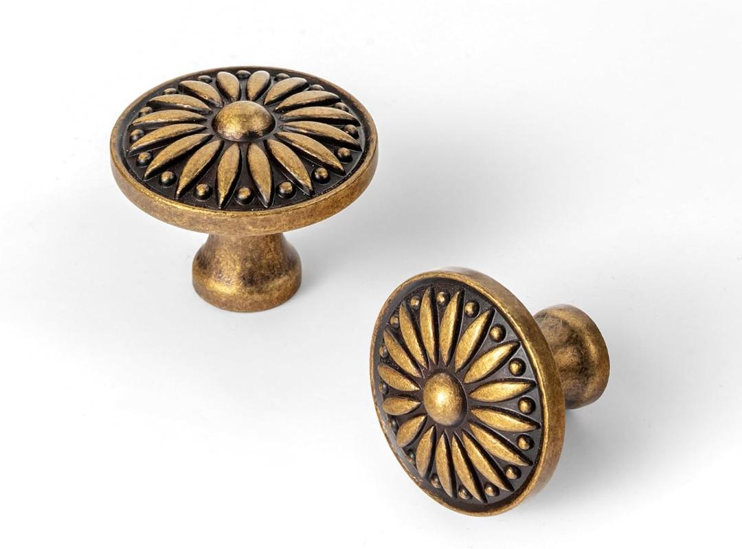 Goo-Ki 6 Pack Vintage Antique Brass Sunburst Cabinet Knobs  Ornate Floral Design with Distressed Finish for Kitchen Drawers, Doors